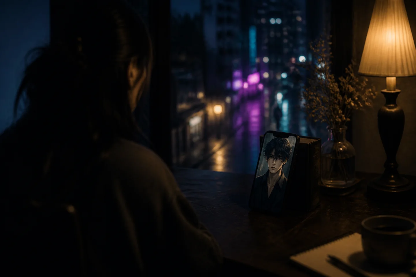 A smartphone resting on a desk displaying an incoming video call interface with an AI character avatar.