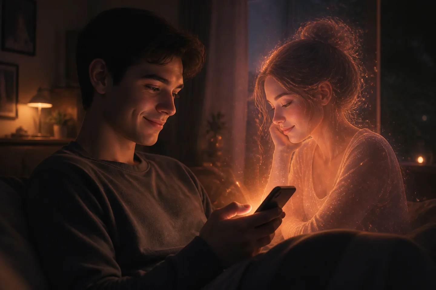 A cinematic, soft-lit scene of a woman using her phone to interact with a warm, digital romantic partner.