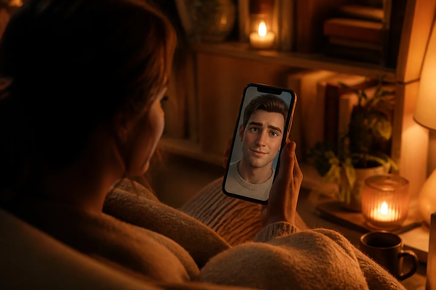 A woman watching a fictional character during a phone conversation
