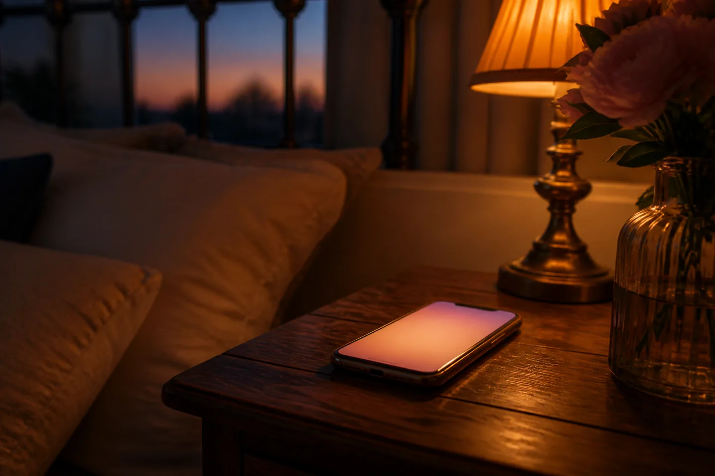 A woman gazing thoughtfully at her phone screen in a candlelit room, suggesting an immersive connection with a character.