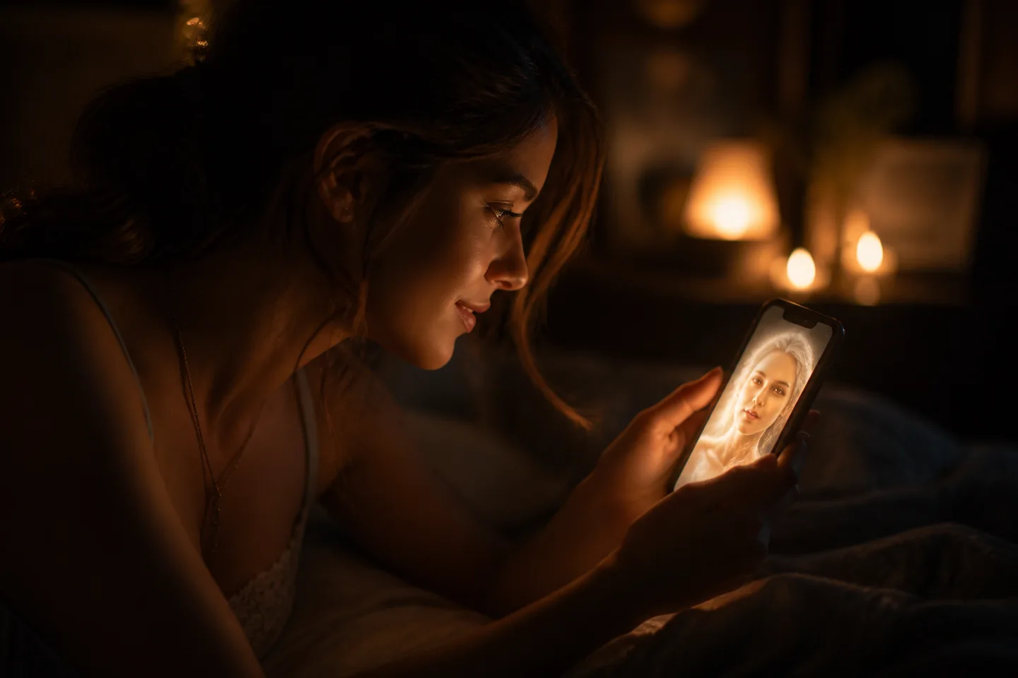 A woman holding a smartphone, seeing a romantic digital character on the display.