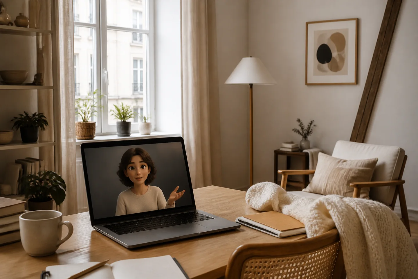 Comparison interface displaying AI character creation prompts next to a real-time live avatar video call window