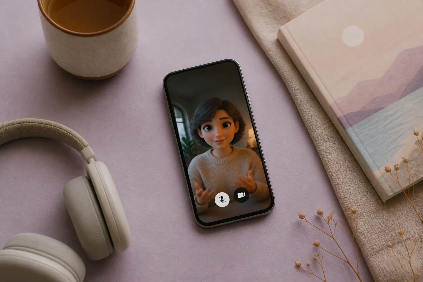 Smartphone mit einem interaktiven Live-Avatar-Videoanruf, Audiopegelanzeige und Kamerasymbol