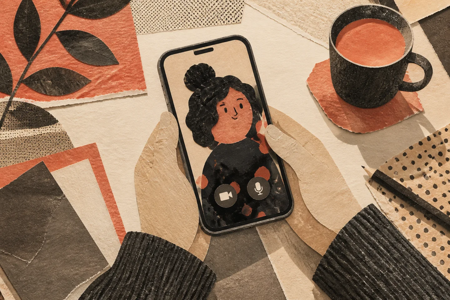 Primer plano de una pantalla de smartphone que muestra una llamada de vídeo con un avatar de IA mientras los controles de micrófono y cámara permanecen visibles.
