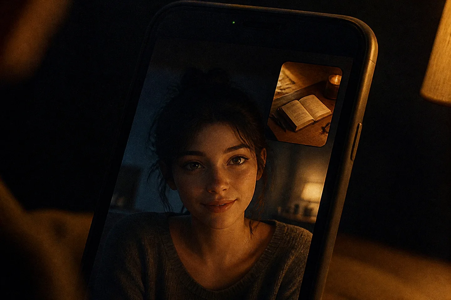 Interfaz de videollamada en un smartphone donde un avatar digital responde mientras el usuario enfoca un libro con la cámara trasera