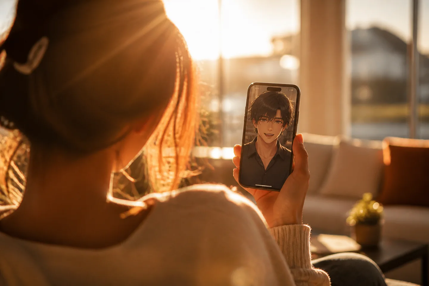 Videollamada en pantalla con un personaje virtual que responde y sincroniza sus labios en tiempo real
