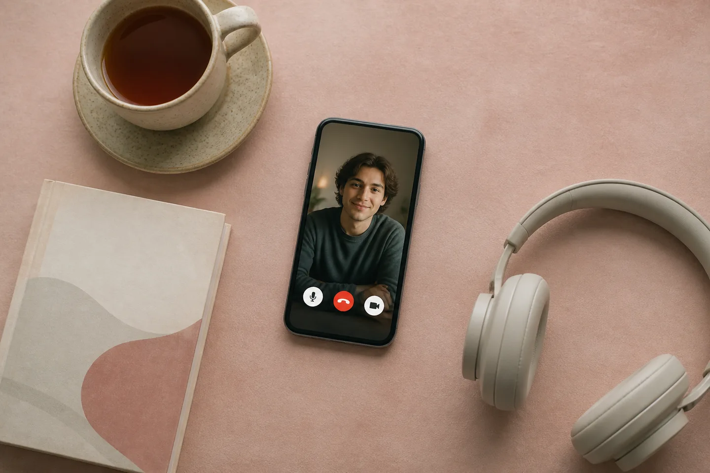 Interfaz de videollamada en smartphone mostrando un avatar de inteligencia artificial interactuando con sincronización labial en tiempo real
