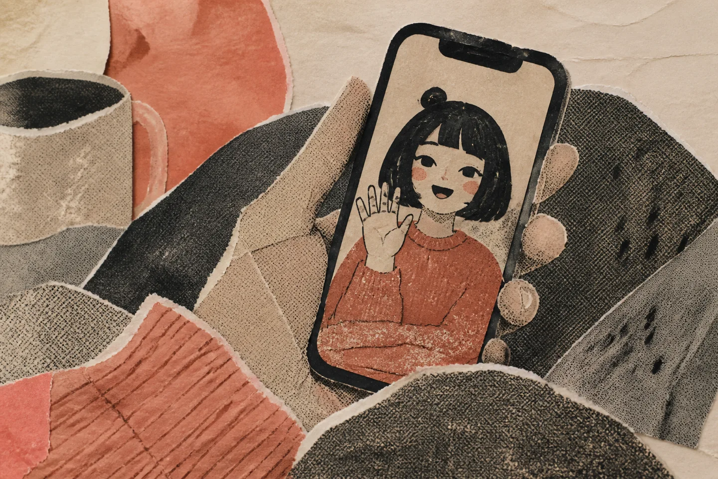 Une personne parlant calmement sur son smartphone en appel vidéo avec un compagnon virtuel attentif.