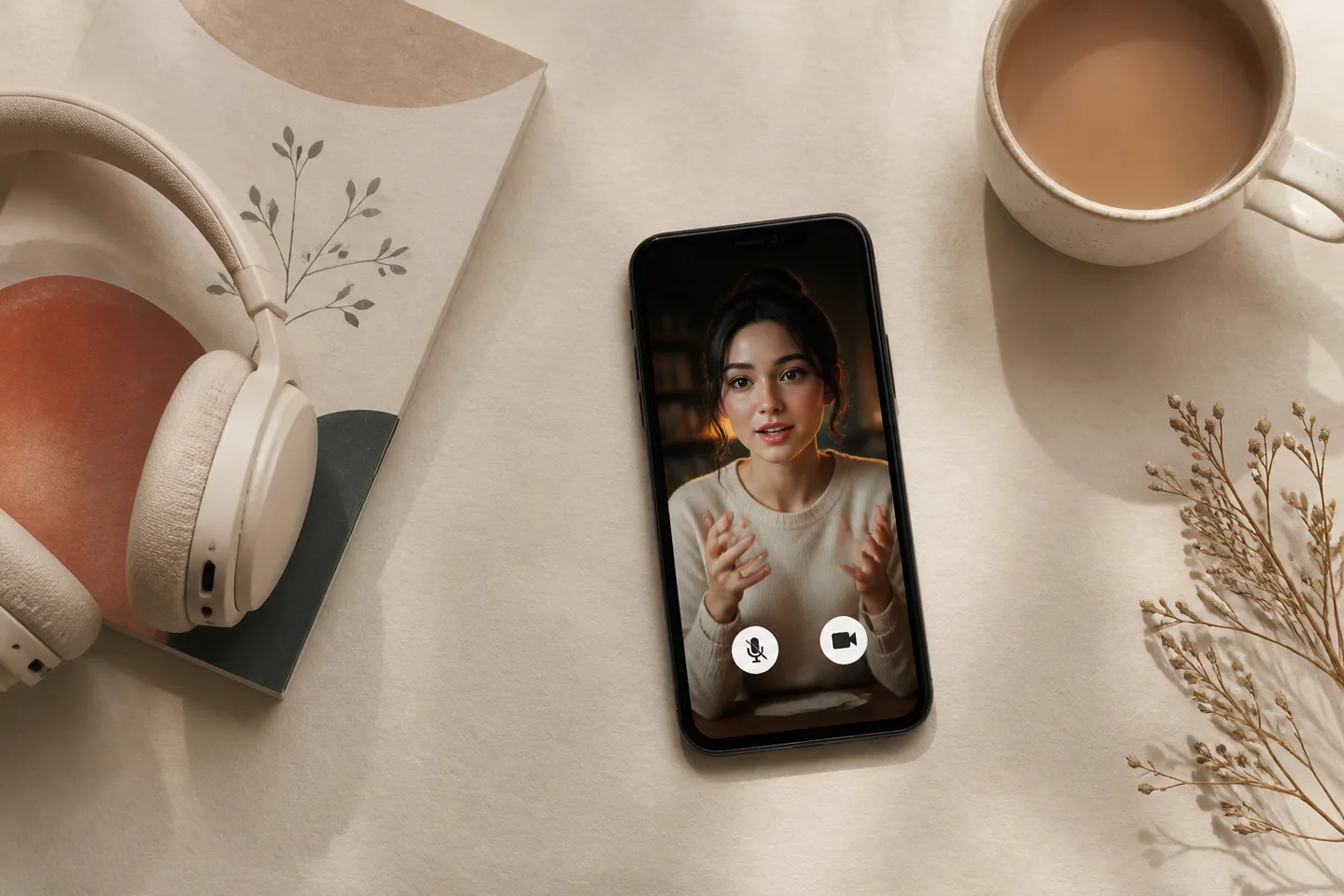 Interface d'appel vidéo en direct avec un personnage virtuel affichant les commandes micro et caméra