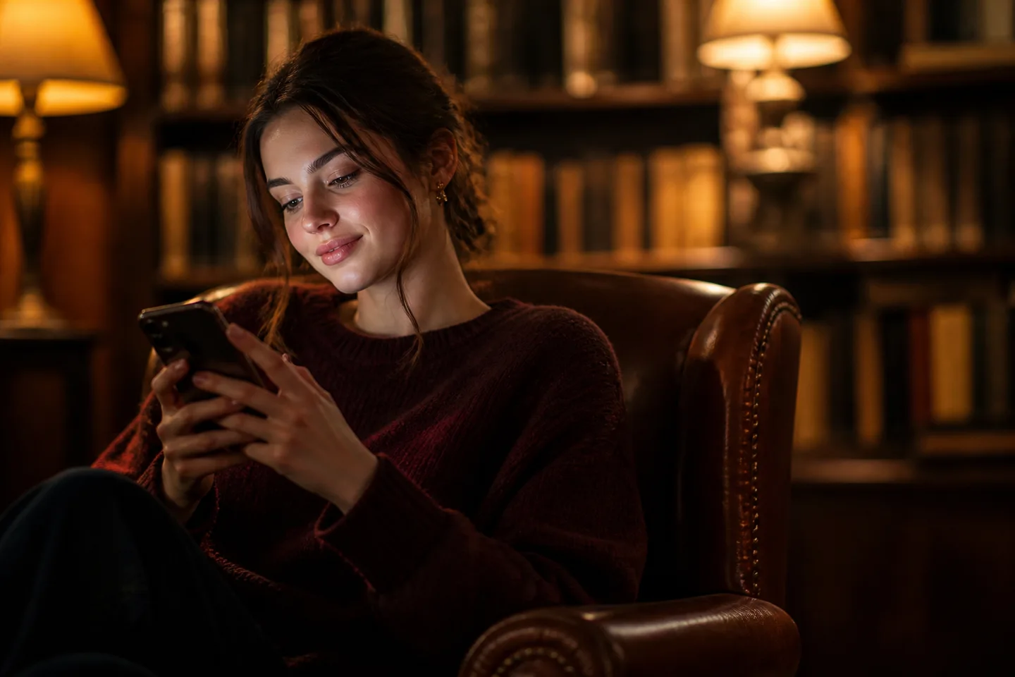 A woman looking at her phone with a soft, romantic expression, cinematic lighting focusing on her profile.