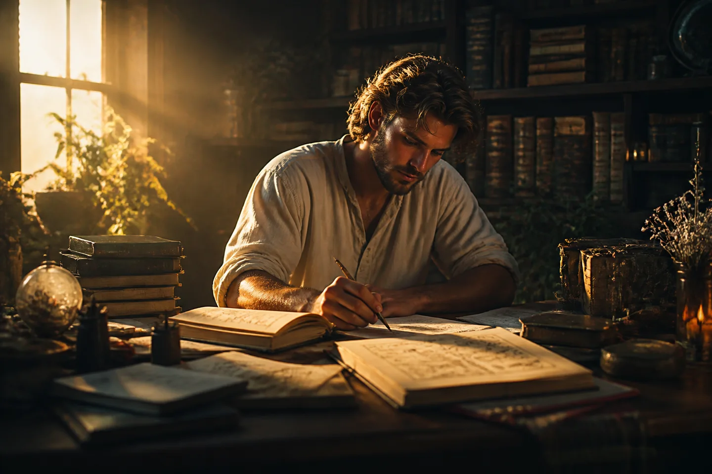 A writer working in a sunlit room, surrounded by character notes and a glowing digital interface representing an evolving protagonist.