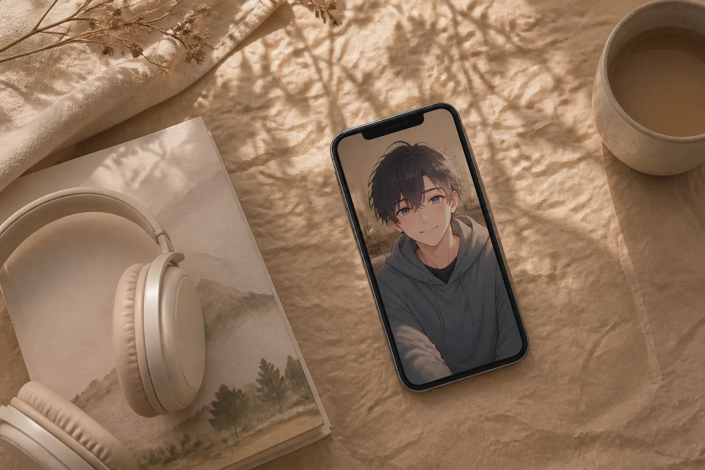 スマートフォン画面でAIキャラクターとリアルタイムのビデオ通話を行い表情を交わす様子