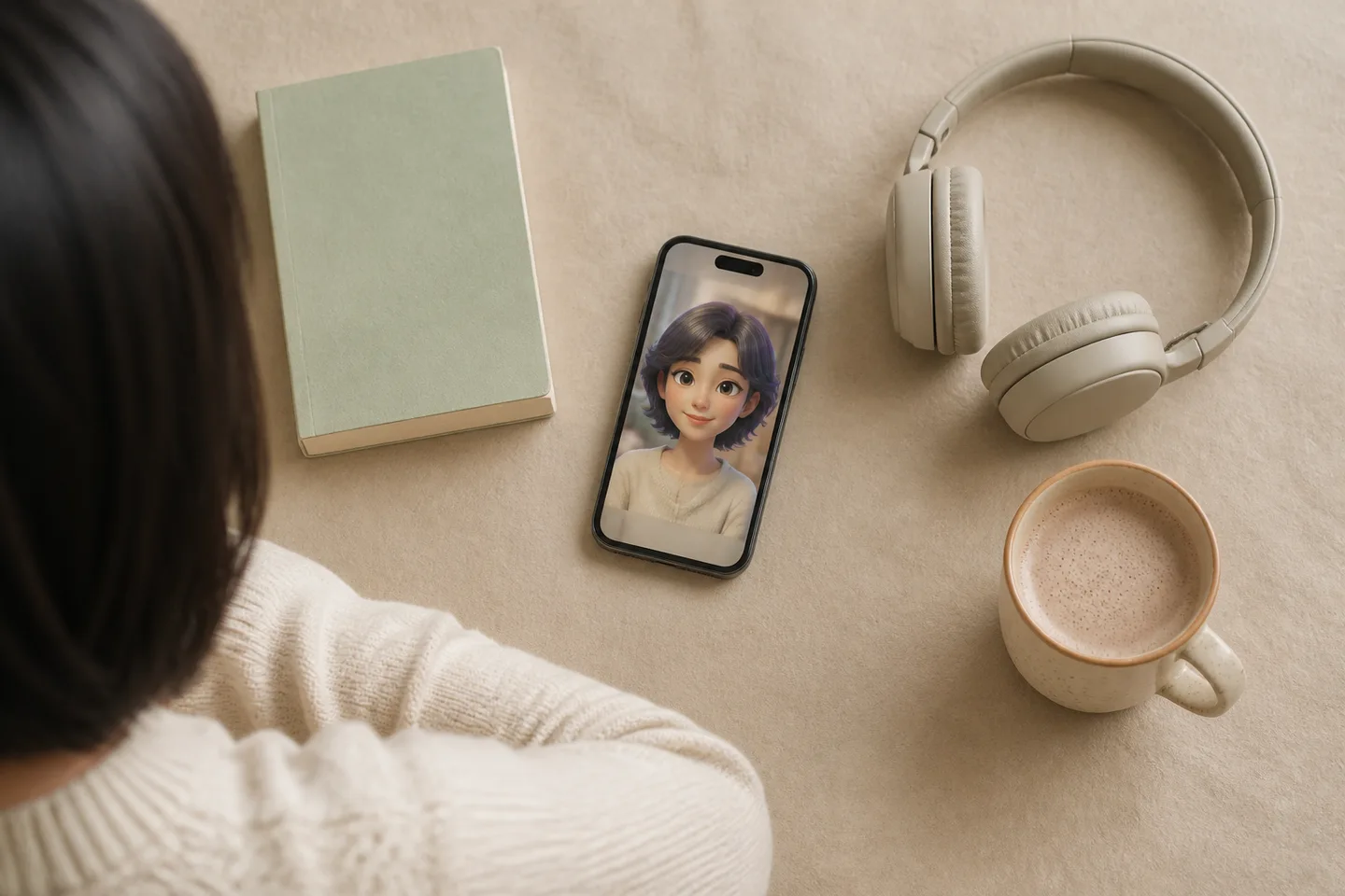 スマートフォンの画面越しにリアルタイムで表情豊かに会話するAIキャラクターと手元の様子