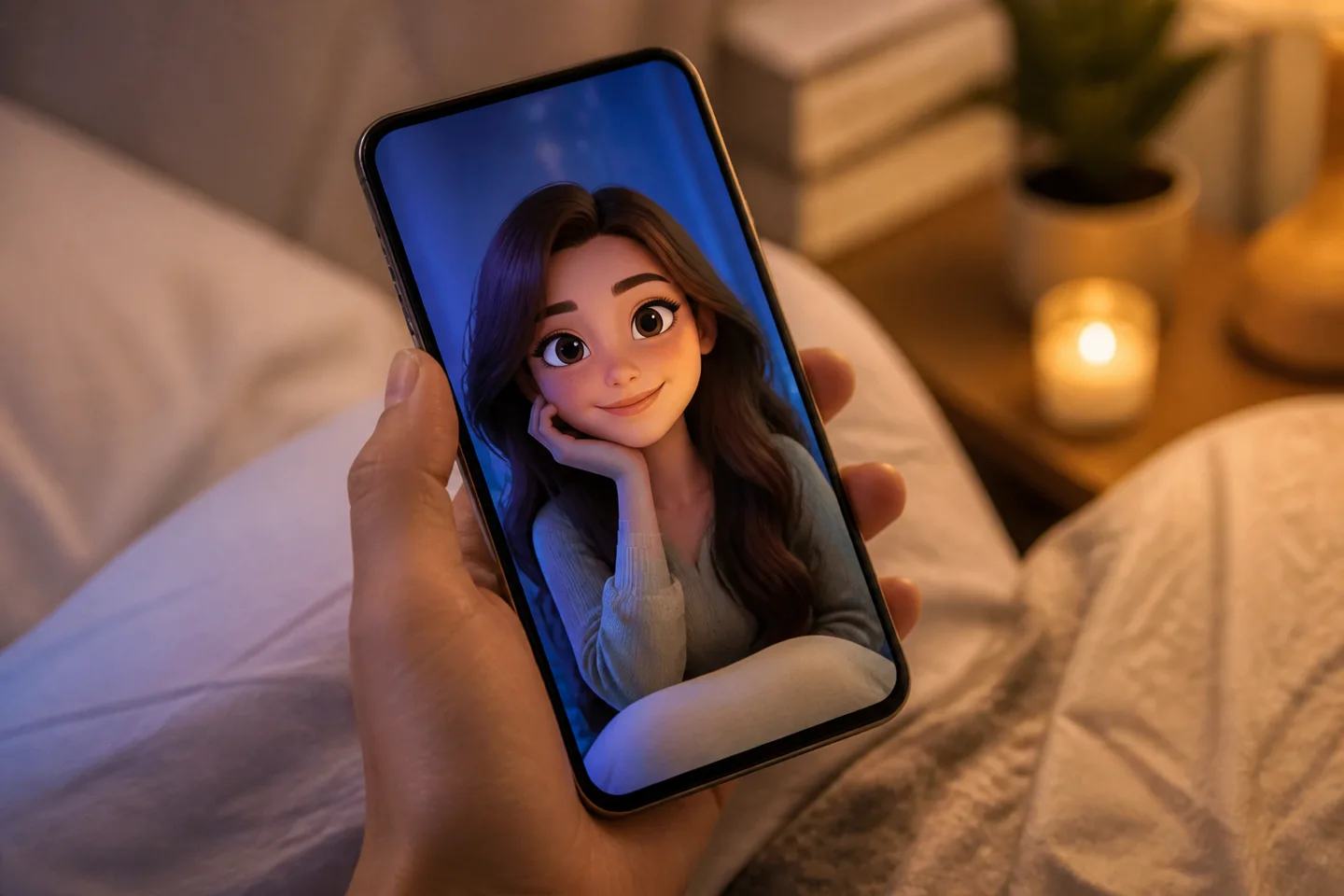 Seseorang sedang bersandar di bantal kamar tidur sambil melakukan panggilan video interaktif dengan karakter AI di layar ponsel
