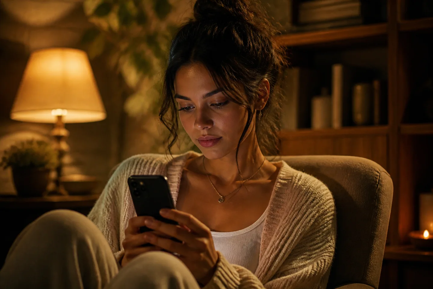 A woman safely interacting with her AI companion on her phone in a cozy, private setting.