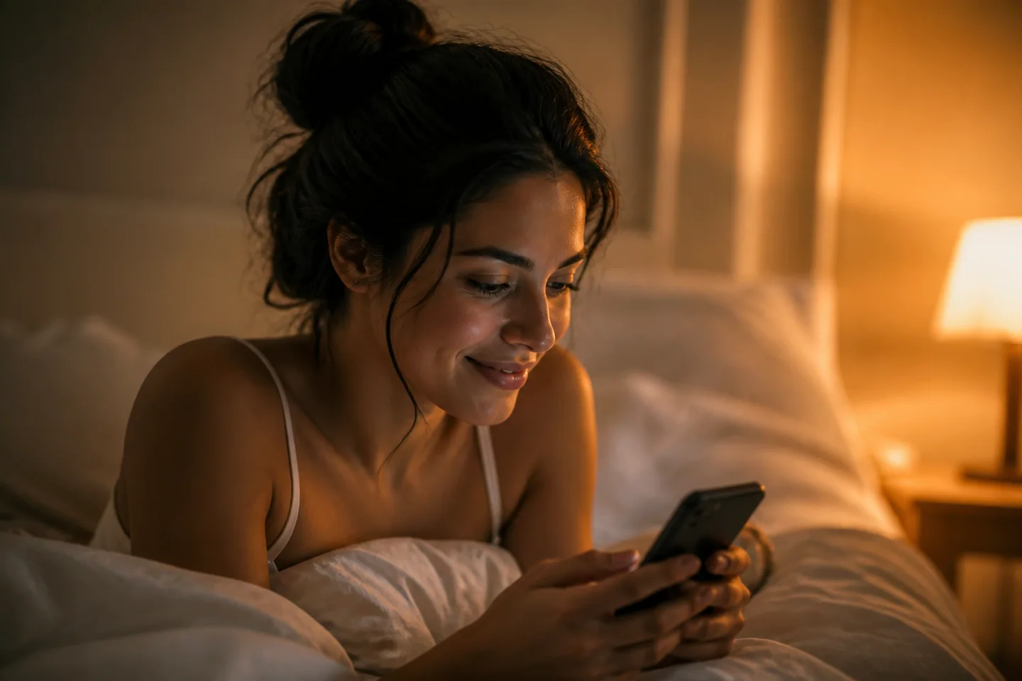 A romantic, cinematic shot of a young woman looking at her phone, smiling as a warm, dreamlike light illuminates her face.