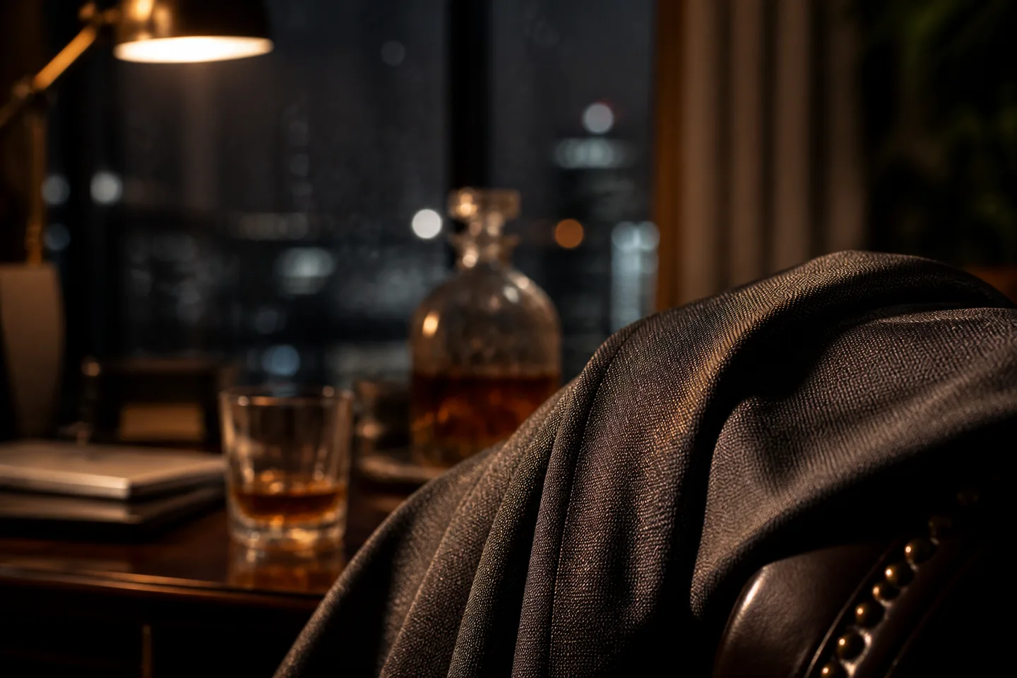 Dimly lit study with leather armchairs, city skyline views at night, and an Italian tailored suit jacket draped over a chair