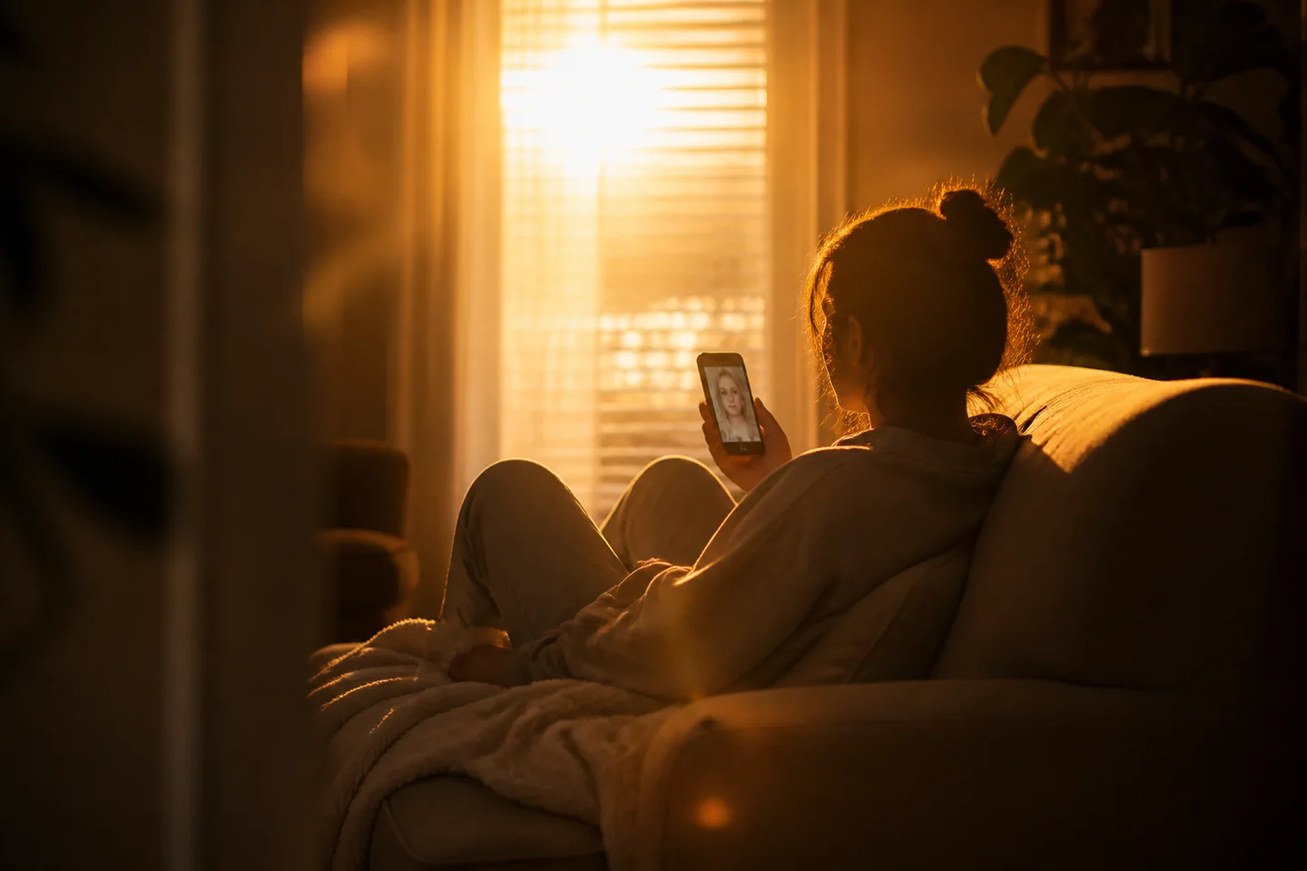 Pessoa descansando no sofá à noite com iluminação suave, conversando por chamada de vídeo em tempo real com avatar de IA expressivo no celular