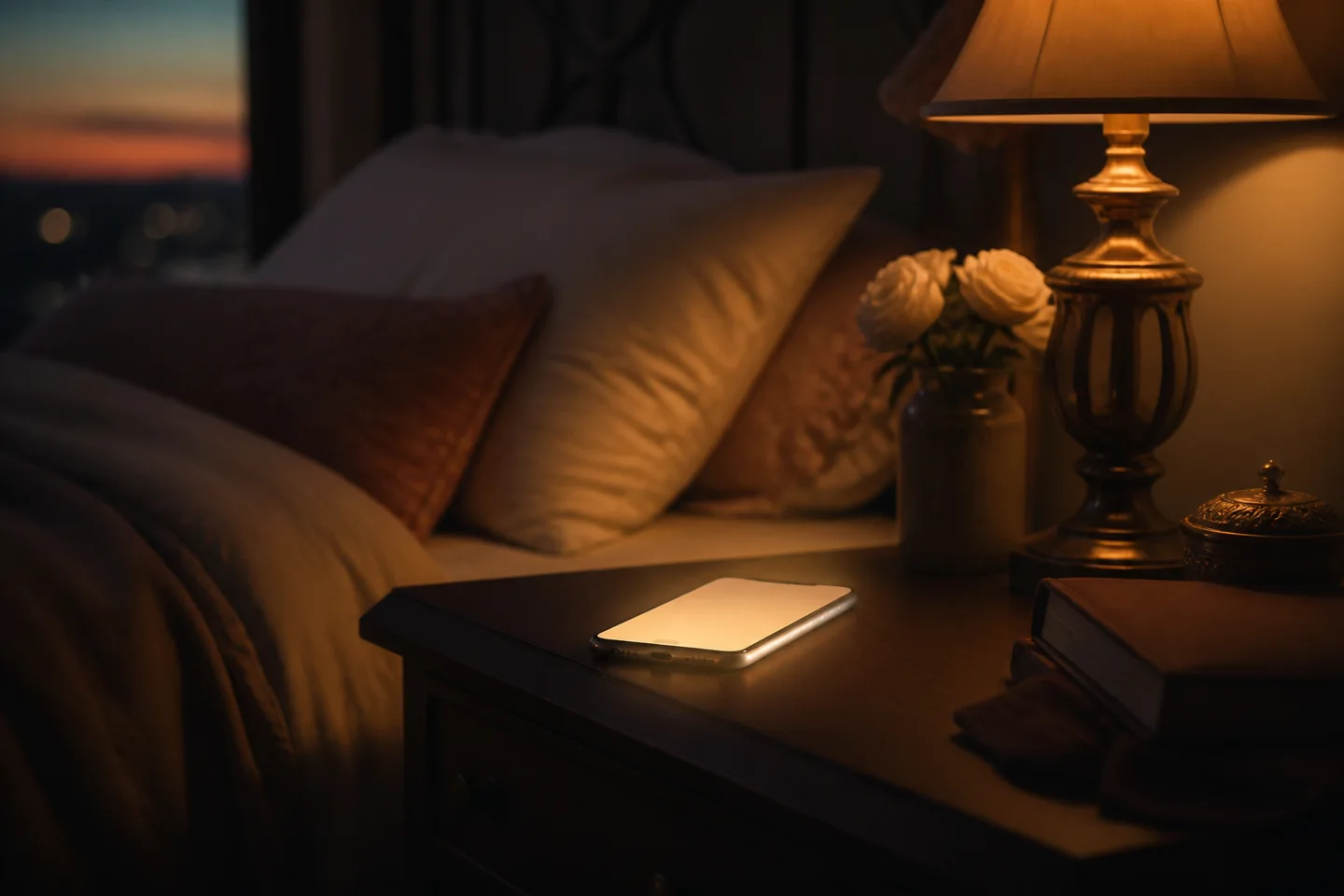 A glowing phone on a bedside table beside a lamp and flowers