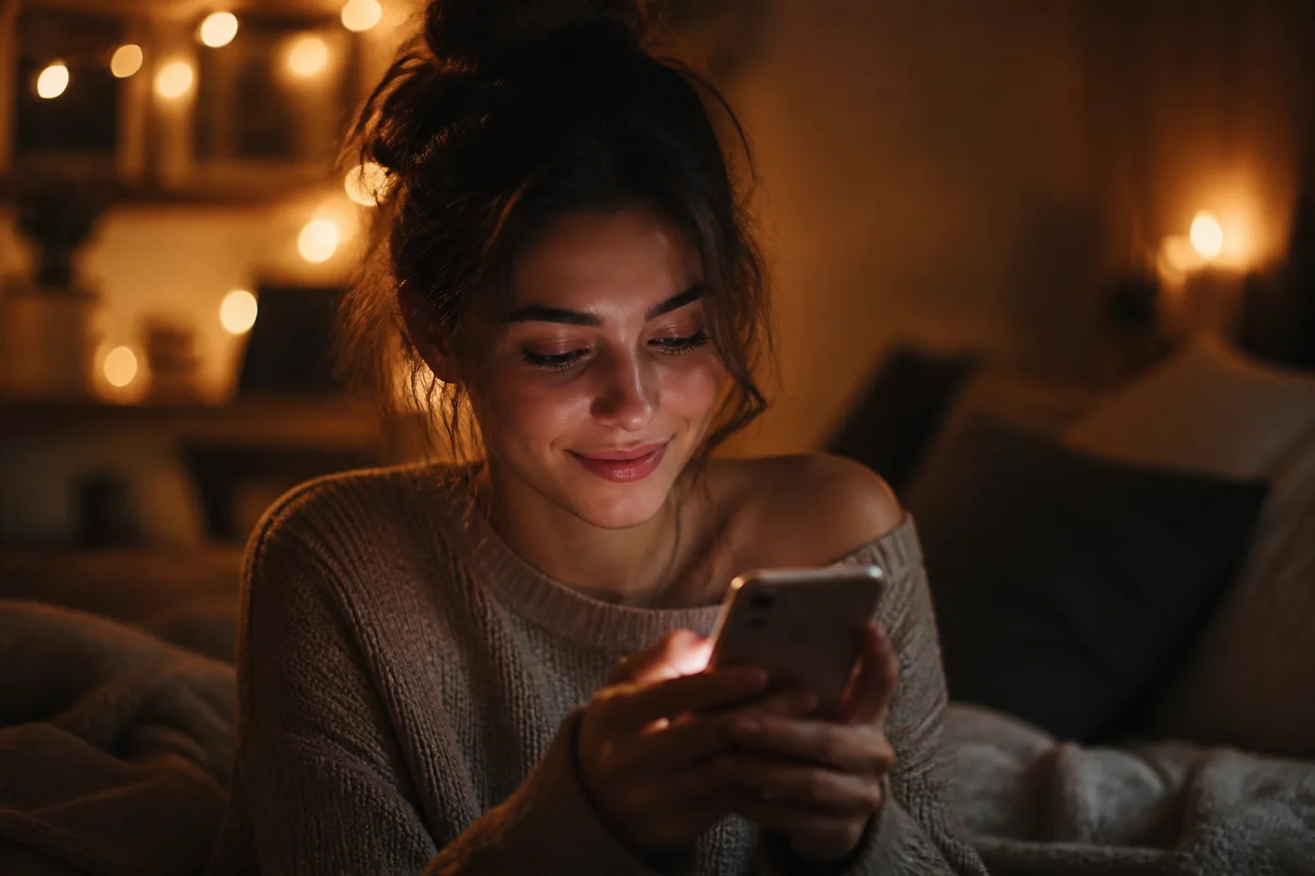 A woman smiling while looking at her phone, representing the connection with a digital companion.