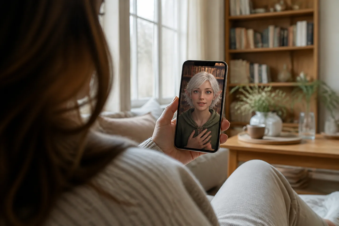 A mobile screen showing a real-time face-to-face video call with an expressive fictional original character in a softly lit room