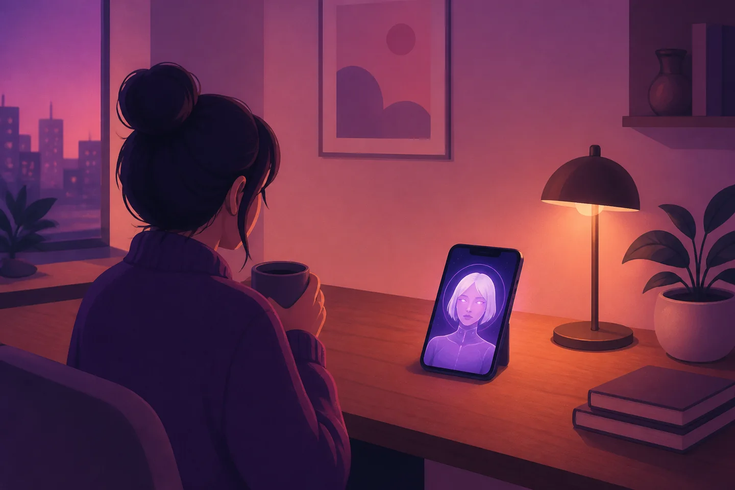 Smartphone display resting on a table showing an incoming face-to-face call interface with an AI character avatar.