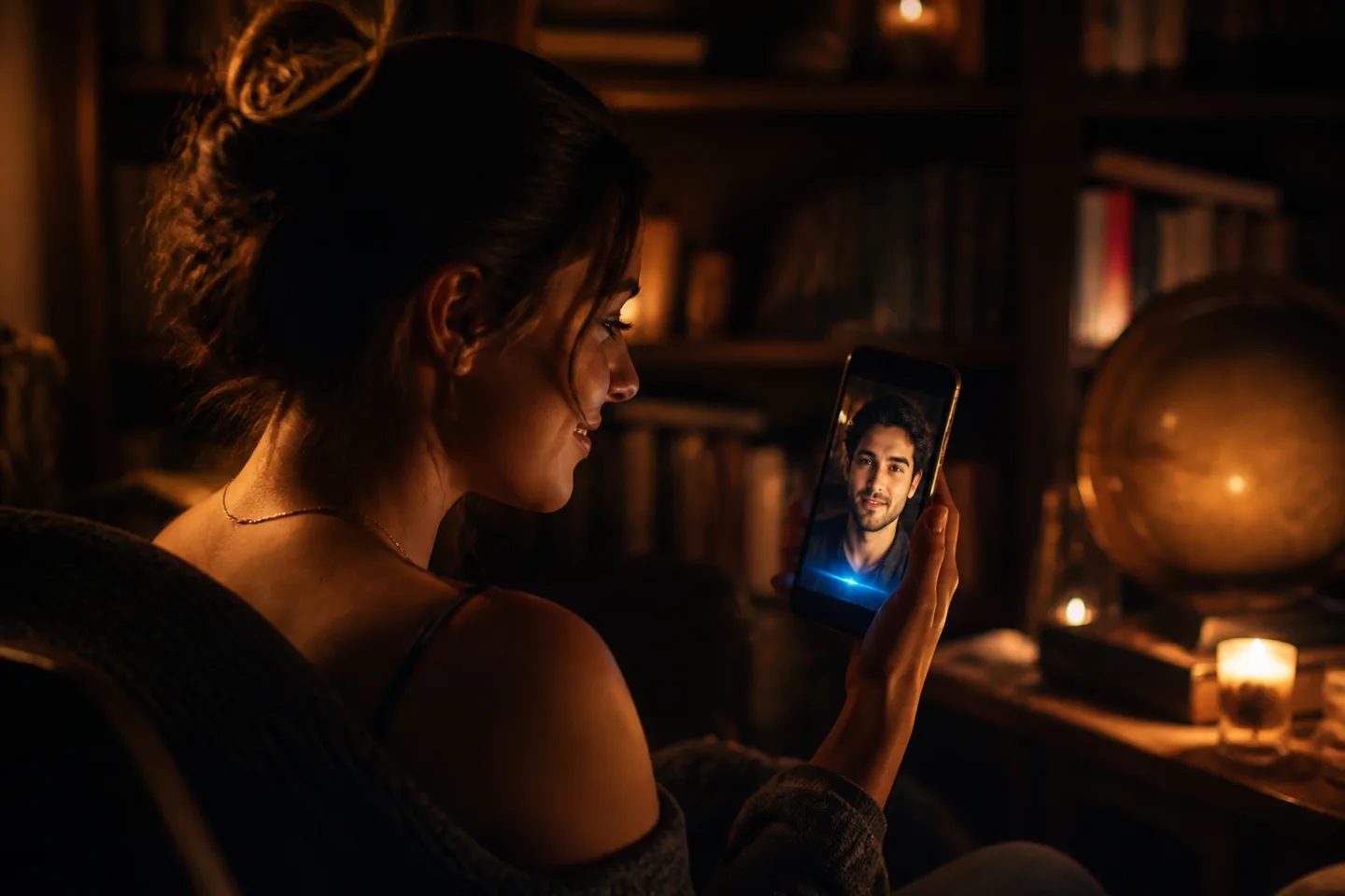 A woman smiling at her phone screen during an immersive, cinematic video call with an AI romantic partner.